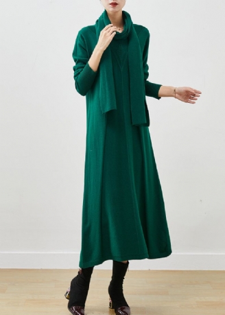 Robe Pull En Tricot De Laine Vert Noirâtre Écharpe Gratuite Hiver