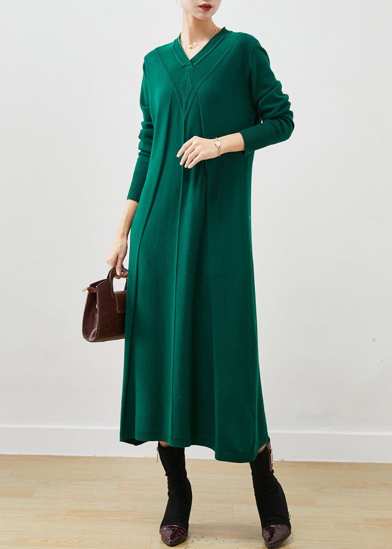 Robe Pull En Tricot De Laine Vert Noirâtre Écharpe Gratuite Hiver - Manteaux en laine femmes