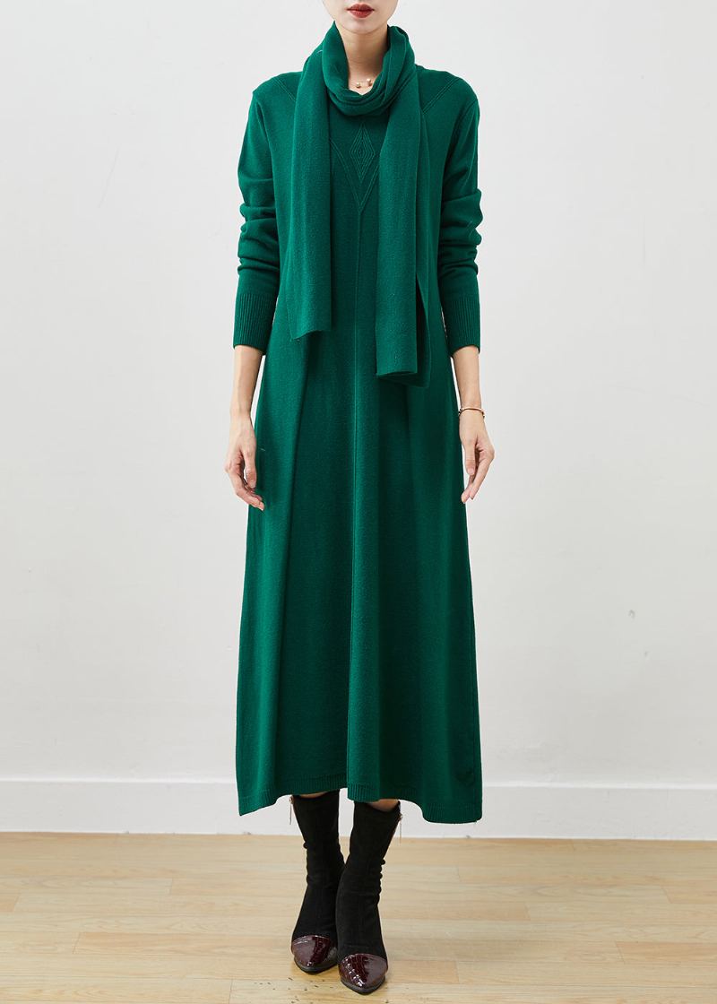 Robe Pull En Tricot De Laine Vert Noirâtre Écharpe Gratuite Hiver - Manteaux en laine femmes