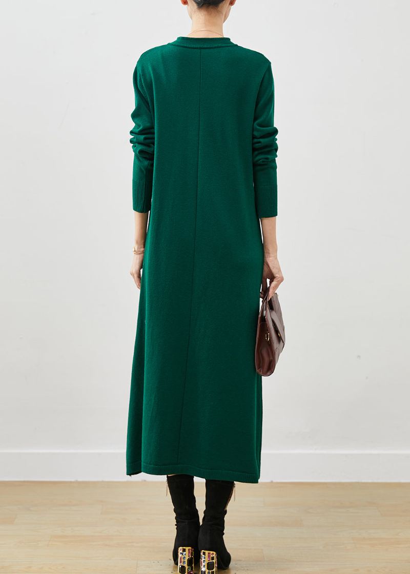 Robe Pull En Tricot De Laine Vert Noirâtre Écharpe Gratuite Hiver - Manteaux en laine femmes