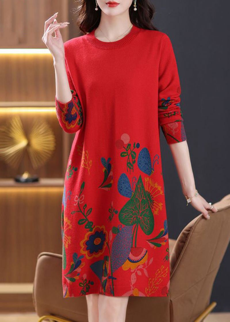 Robe Rouge En Tricot De Laine Confortable Ouverte Sur Le Côté Col Rond Printemps - Manteaux en laine femmes