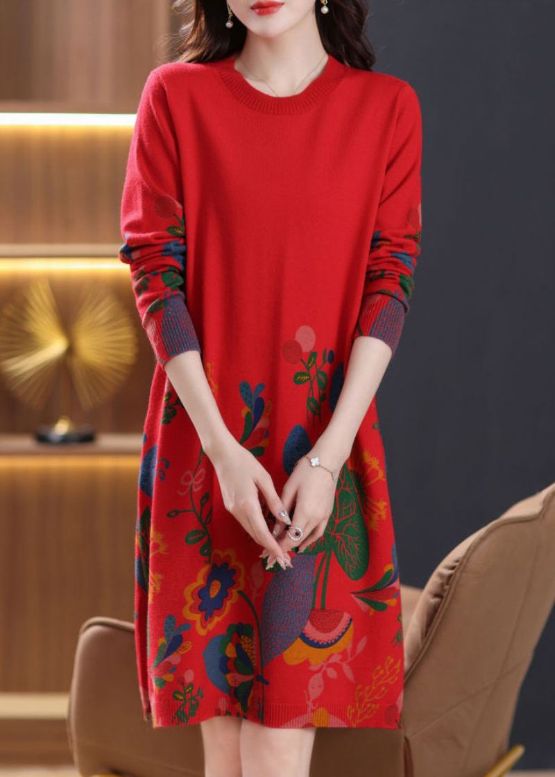 Robe Rouge En Tricot De Laine Confortable Ouverte Sur Le Côté Col Rond Printemps - Manteaux en laine femmes