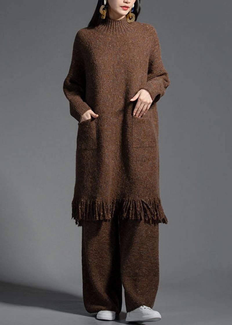 Robe En Tricot En Laine Avec Poches Café Col Montant Hiver