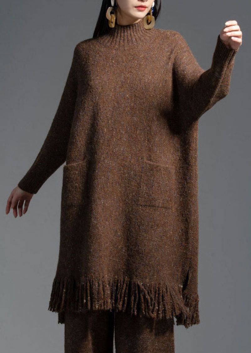 Robe En Tricot En Laine Avec Poches Café Col Montant Hiver - Manteaux en laine femmes