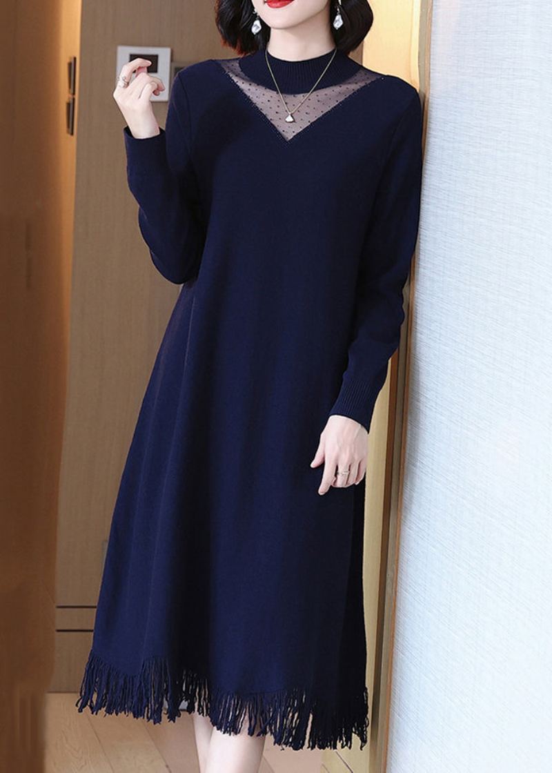 Robe En Tricot De Laine À Glands Et Col Rond Bleu Marine Élégante À Manches Longues - Manteaux en laine femmes