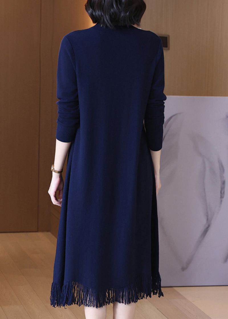 Robe En Tricot De Laine À Glands Et Col Rond Bleu Marine Élégante À Manches Longues - Manteaux en laine femmes