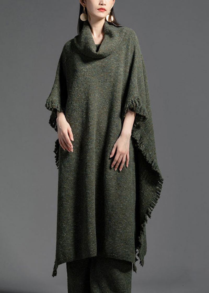 Robe En Tricot De Laine Ouverte Sur Le Côté À Col Roulé Vert De Grande Taille Pour L'hiver