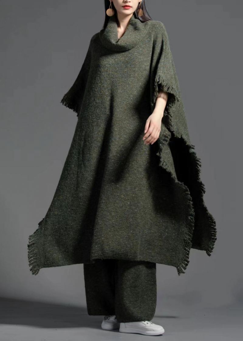 Robe En Tricot De Laine Ouverte Sur Le Côté À Col Roulé Vert De Grande Taille Pour L'hiver - Manteaux en laine femmes