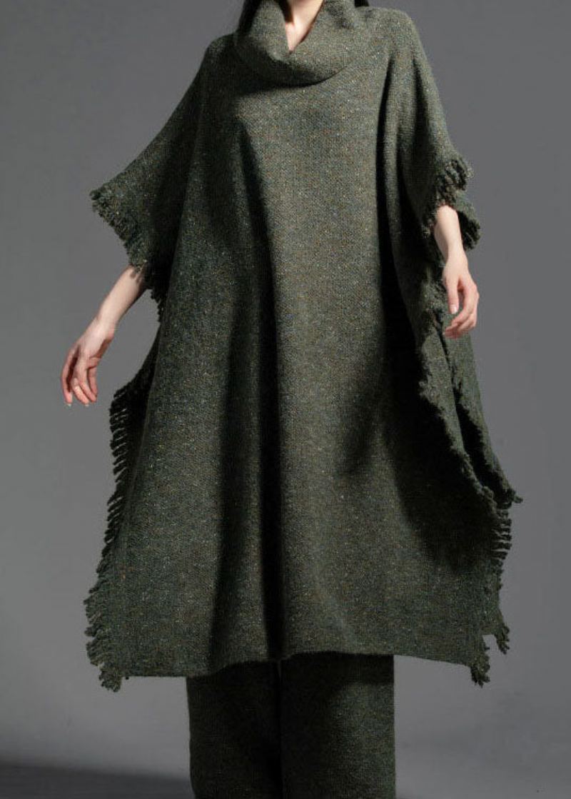 Robe En Tricot De Laine Ouverte Sur Le Côté À Col Roulé Vert De Grande Taille Pour L'hiver - Manteaux en laine femmes