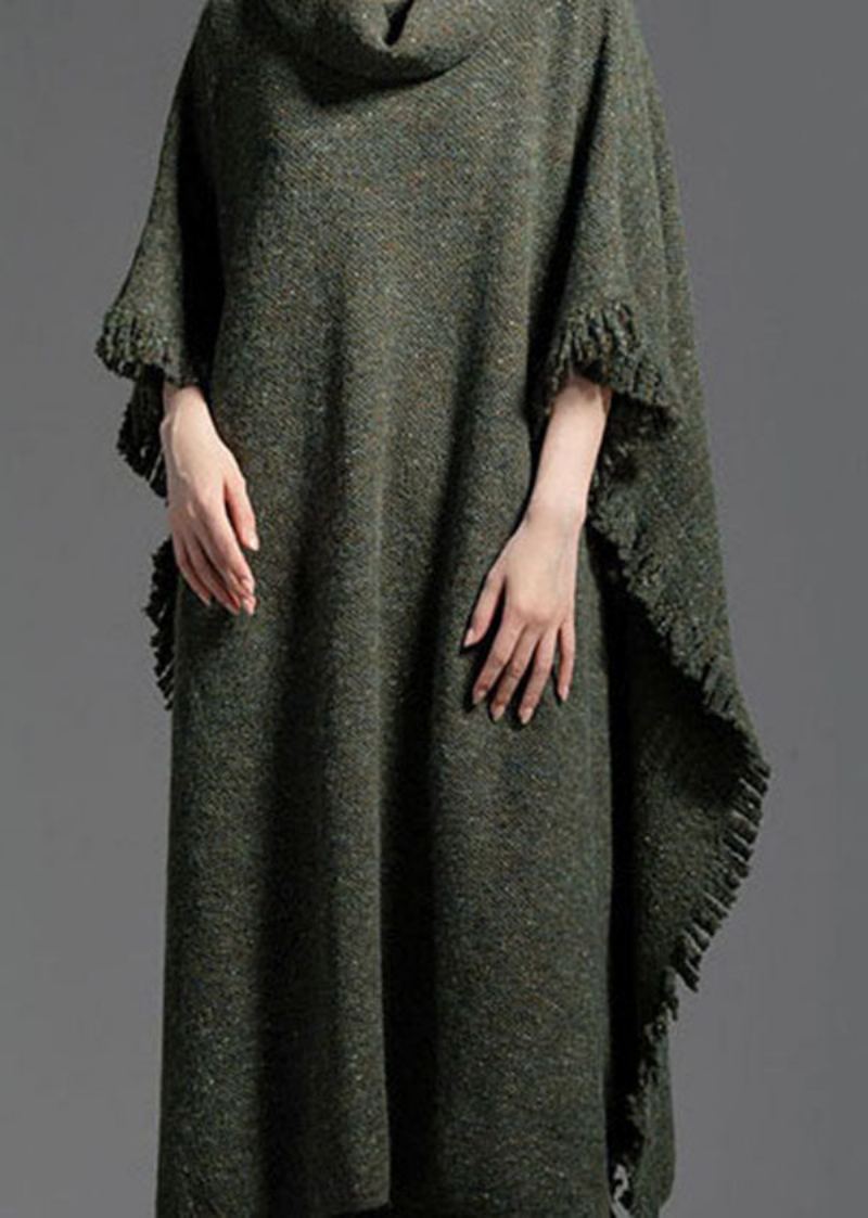 Robe En Tricot De Laine Ouverte Sur Le Côté À Col Roulé Vert De Grande Taille Pour L'hiver - Manteaux en laine femmes