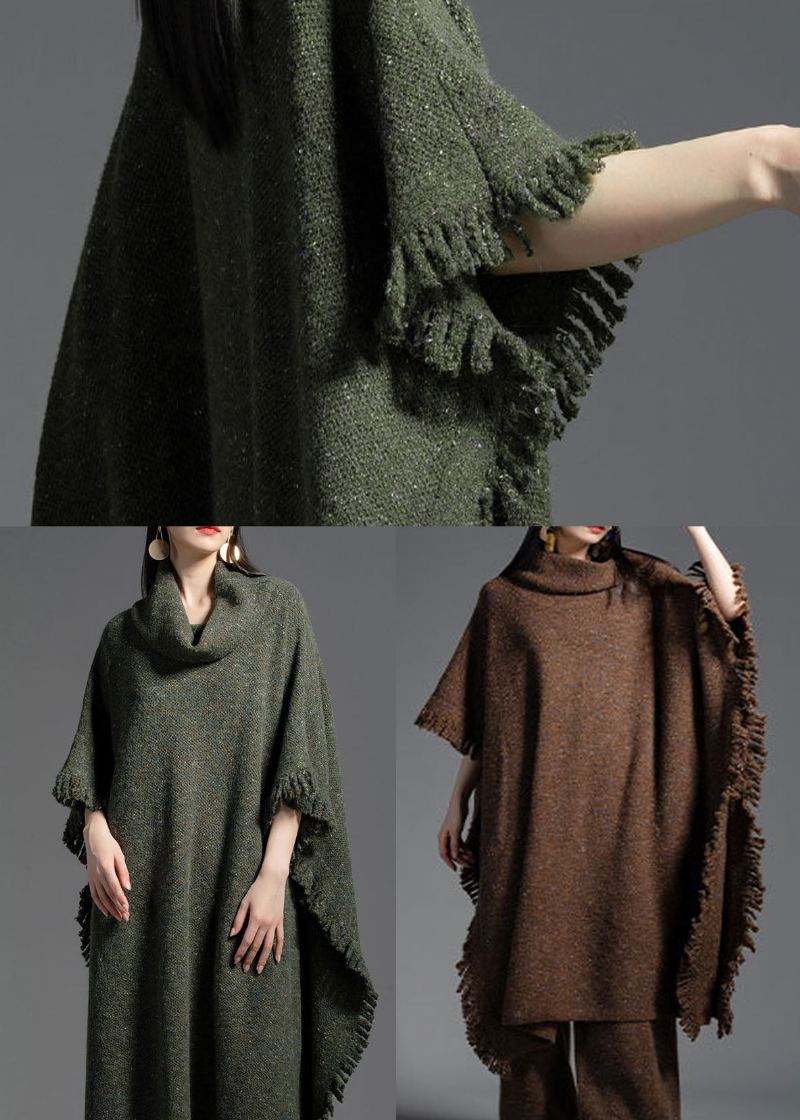 Robe En Tricot De Laine Ouverte Sur Le Côté À Col Roulé Vert De Grande Taille Pour L'hiver - Manteaux en laine femmes