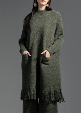 Robe Tricotée En Laine Élégante Verte À Franges Patchwork Hiver