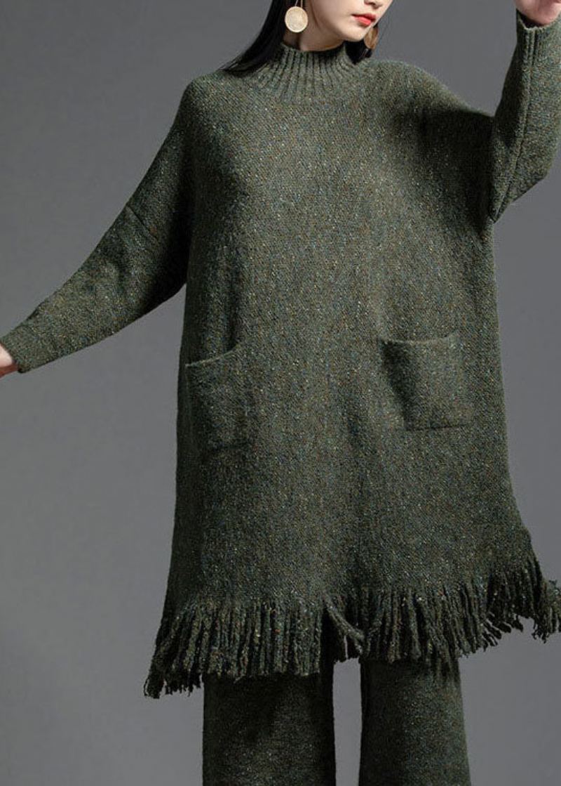 Robe Tricotée En Laine Élégante Verte À Franges Patchwork Hiver - Manteaux en laine femmes