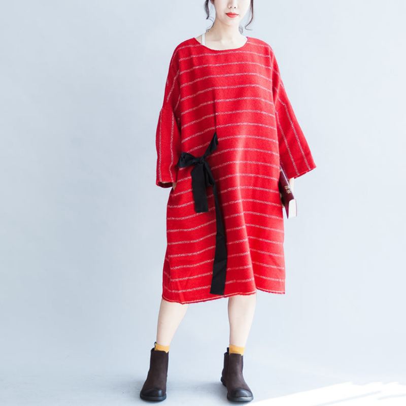 Robes En Coton À Rayures Rouges Grande Taille Cravate À La Manches Longues Tenue Décontractée En Laine Automne - Manteaux en laine femmes