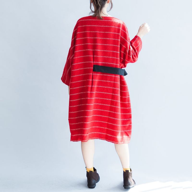 Robes En Coton À Rayures Rouges Grande Taille Cravate À La Manches Longues Tenue Décontractée En Laine Automne - Manteaux en laine femmes