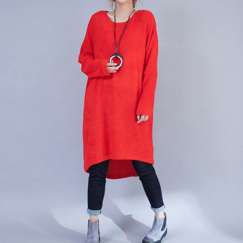 Robes En Laine Décontractées Grande Taille Rouge Mode Robe Pull Basse Et Haute - Rouge