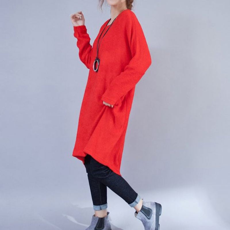 Robes En Laine Décontractées Grande Taille Rouge Mode Robe Pull Basse Et Haute - Rouge