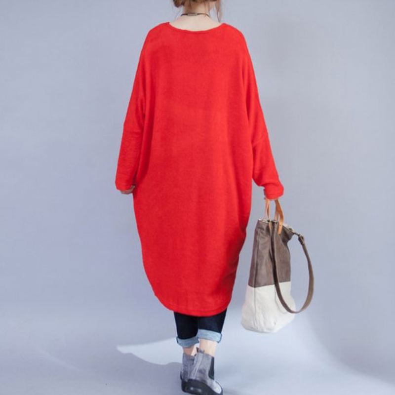 Robes En Laine Décontractées Grande Taille Rouge Mode Robe Pull Basse Et Haute - Rouge