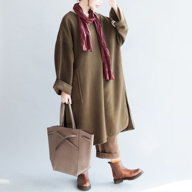 Robes En Laine Olive Chaudes Grande Taille Droites Hiver 2024 - Manteaux en laine femmes