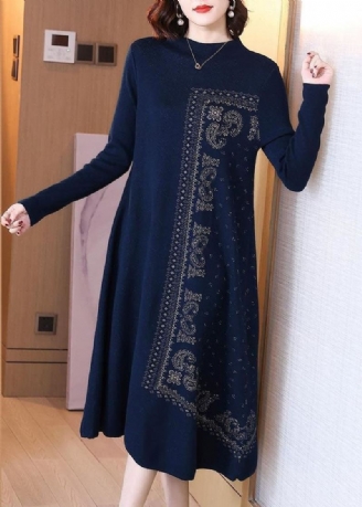 Robes Longues En Laine Imprimées Bleues Col Haut Surdimensionné Printemps