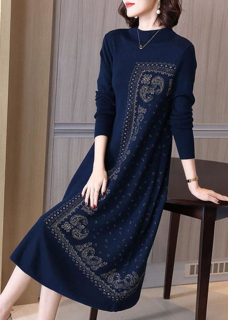 Robes Longues En Laine Imprimées Bleues Col Haut Surdimensionné Printemps - Manteaux en laine femmes