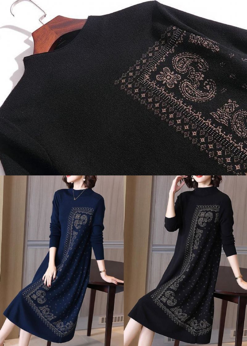 Robes Longues En Laine Jacquard À Col Haut Noir Français Printemps - Manteaux en laine femmes