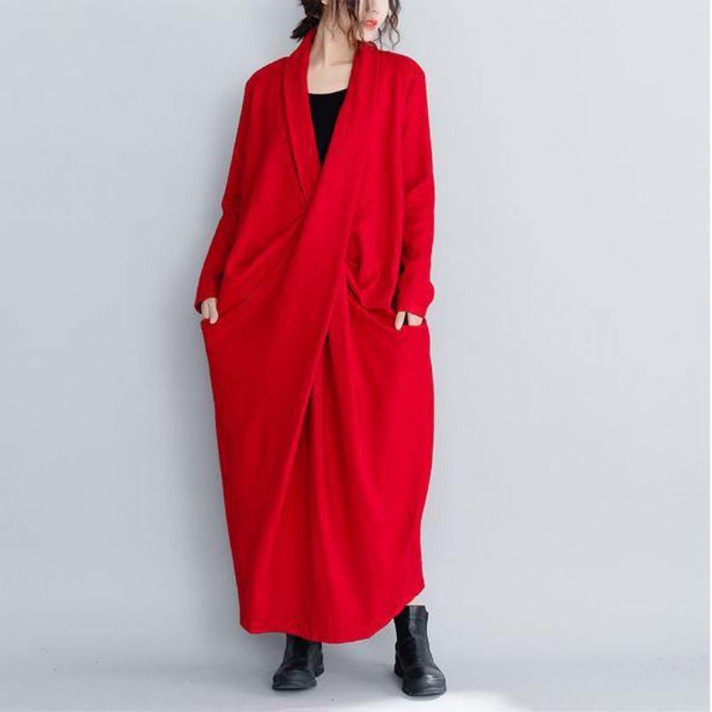 Robes Longues En Laine Rouge Et Noire Vintage Amples À La Mode Pour Femmes