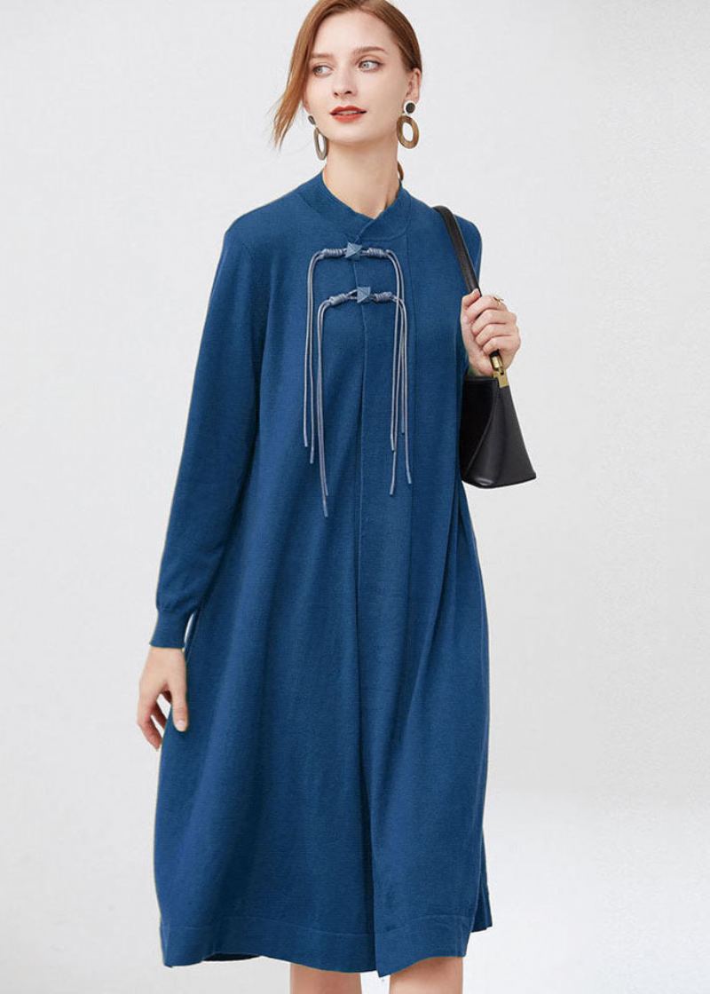 Robes Longues En Tricot De Laine À Col Montant Bleu Pour Femmes À Manches