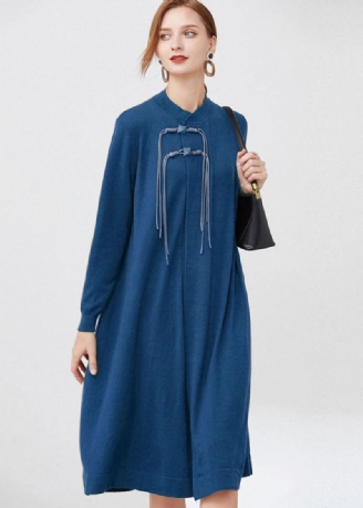 Robes Longues En Tricot De Laine À Col Montant Bleu Pour Femmes À Manches