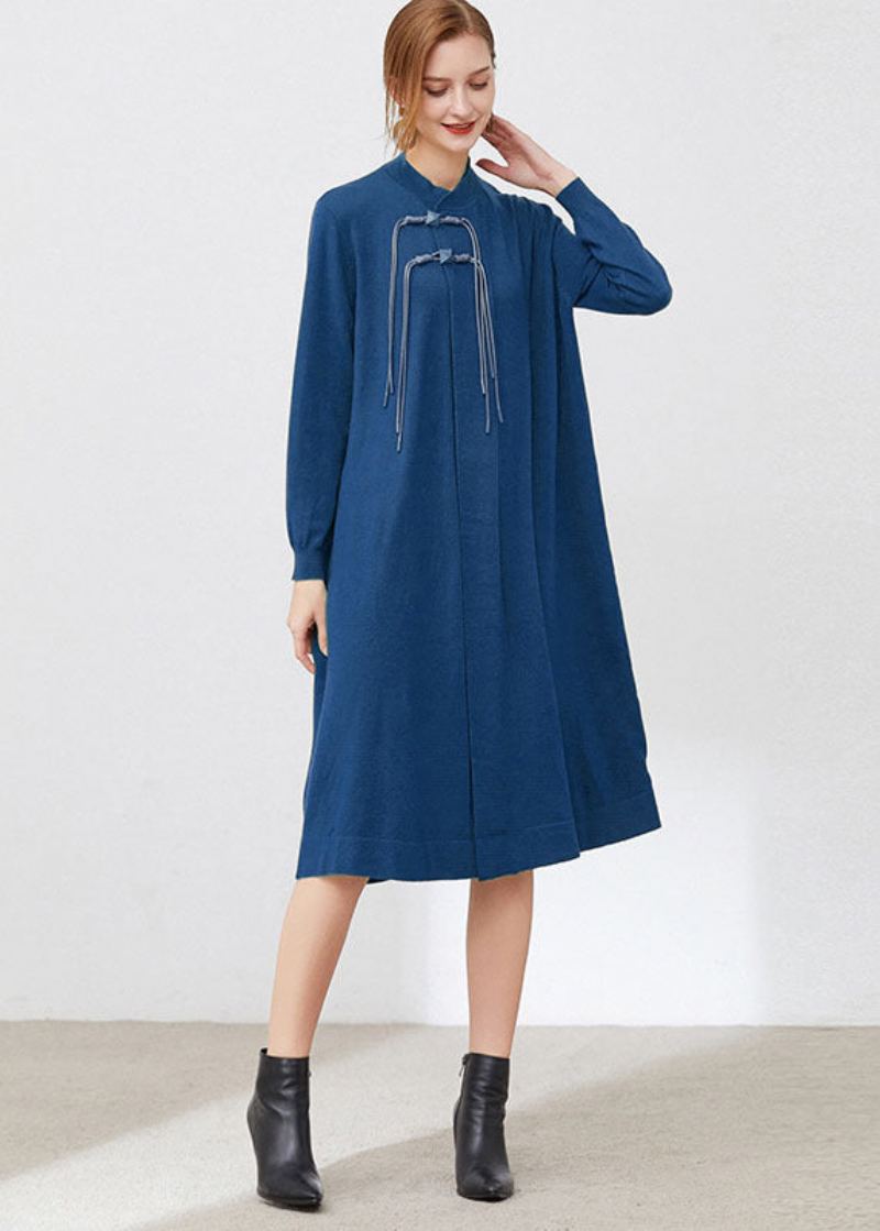 Robes Longues En Tricot De Laine À Col Montant Bleu Pour Femmes À Manches - Bleu