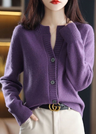 Slim Fit Violet Col Rond Bouton Épais Laine Tricot Manteaux Hiver