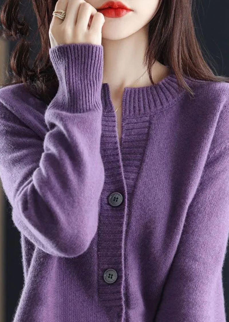 Slim Fit Violet Col Rond Bouton Épais Laine Tricot Manteaux Hiver - Violet