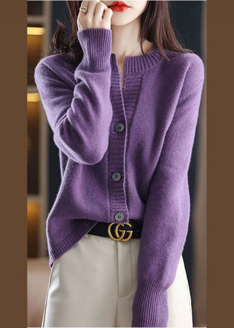 Slim Fit Violet Col Rond Bouton Épais Laine Tricot Manteaux Hiver - Violet