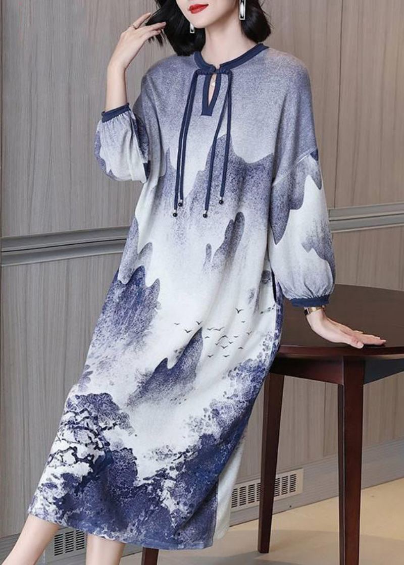 Style Chinois Bleu Bouton Cravate Teinture Laine Longues Robes Printemps