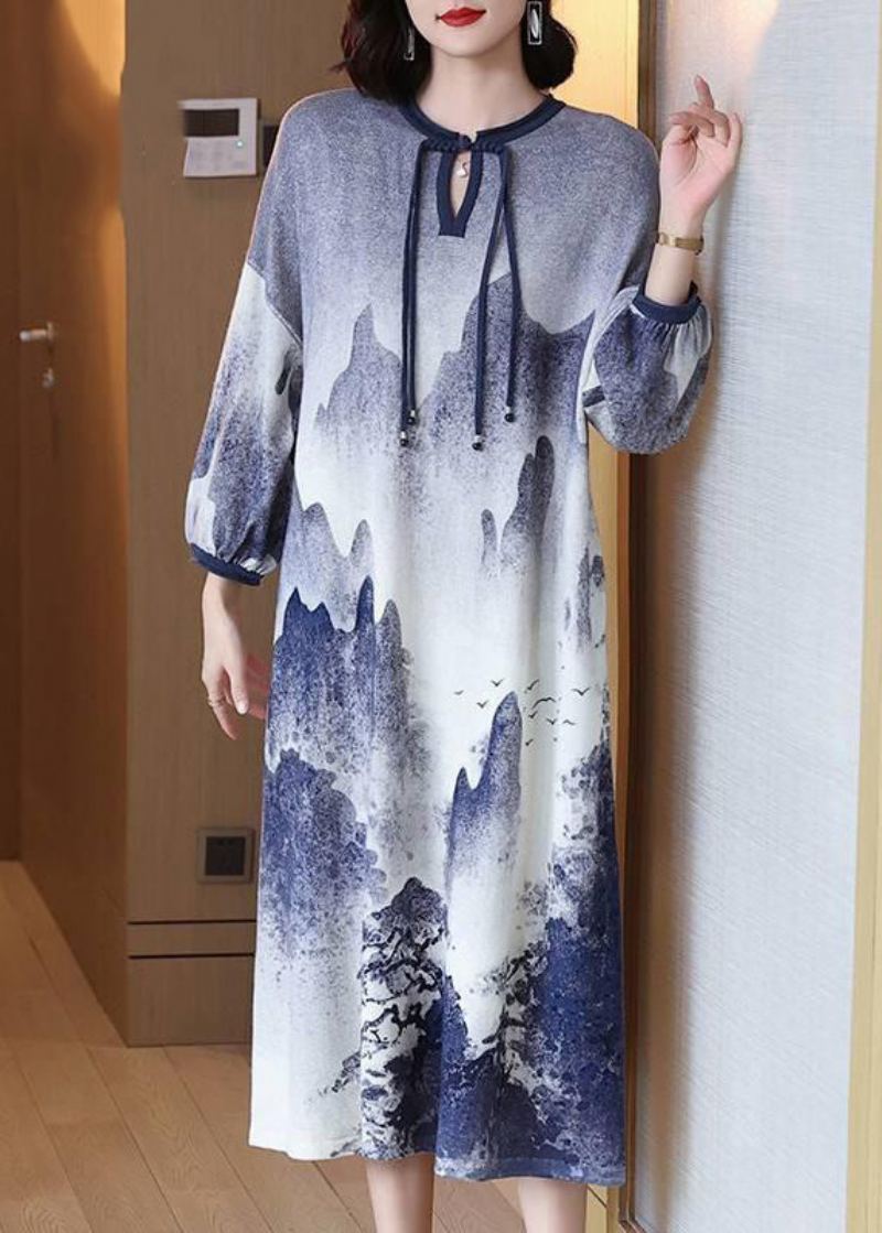 Style Chinois Bleu Bouton Cravate Teinture Laine Longues Robes Printemps - Manteaux en laine femmes