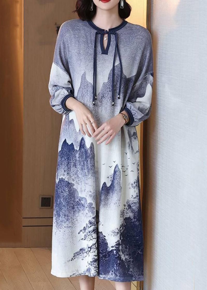 Style Chinois Bleu Bouton Cravate Teinture Laine Longues Robes Printemps - Manteaux en laine femmes