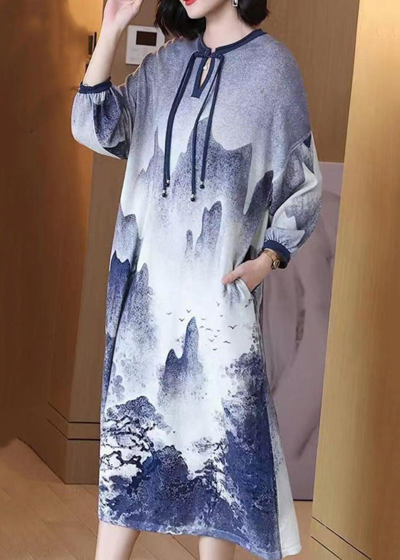 Style Chinois Bleu Bouton Cravate Teinture Laine Longues Robes Printemps - Manteaux en laine femmes