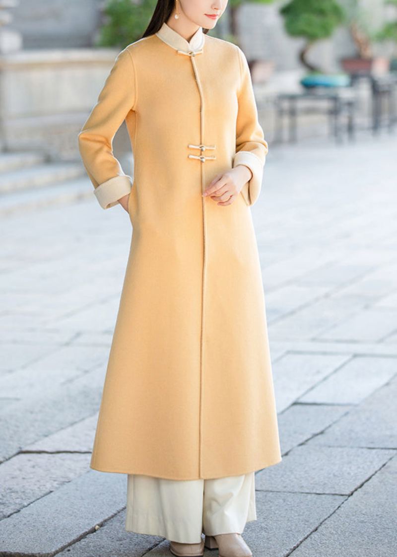 Style Chinois Jaune Col Montant Poches Laine Trench Hiver - Manteaux en laine femmes