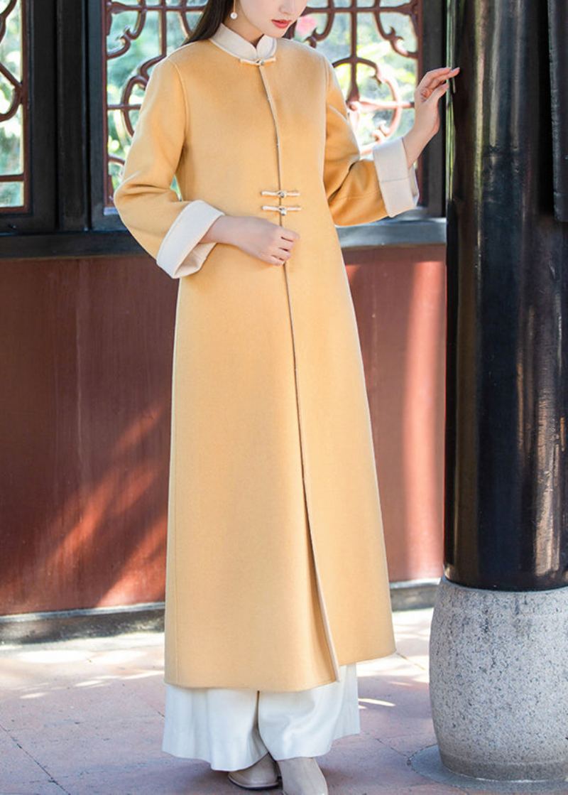 Style Chinois Jaune Col Montant Poches Laine Trench Hiver - Manteaux en laine femmes