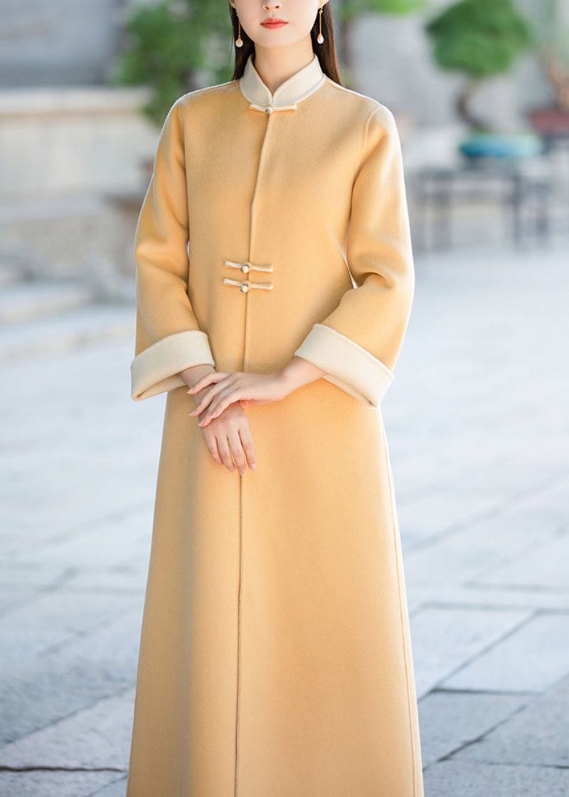 Style Chinois Jaune Col Montant Poches Laine Trench Hiver - Manteaux en laine femmes