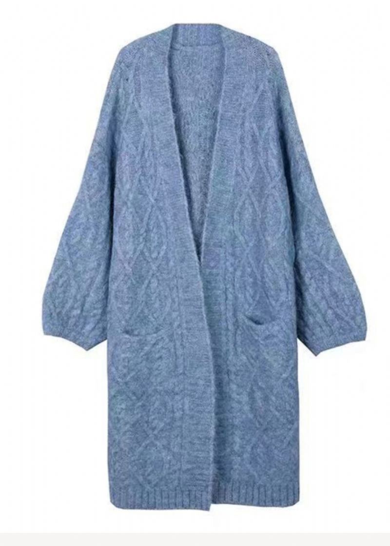 Style Confortable Bleu Col En V Poches Patchwork Laine Cardigans Automne - Manteaux en laine femmes