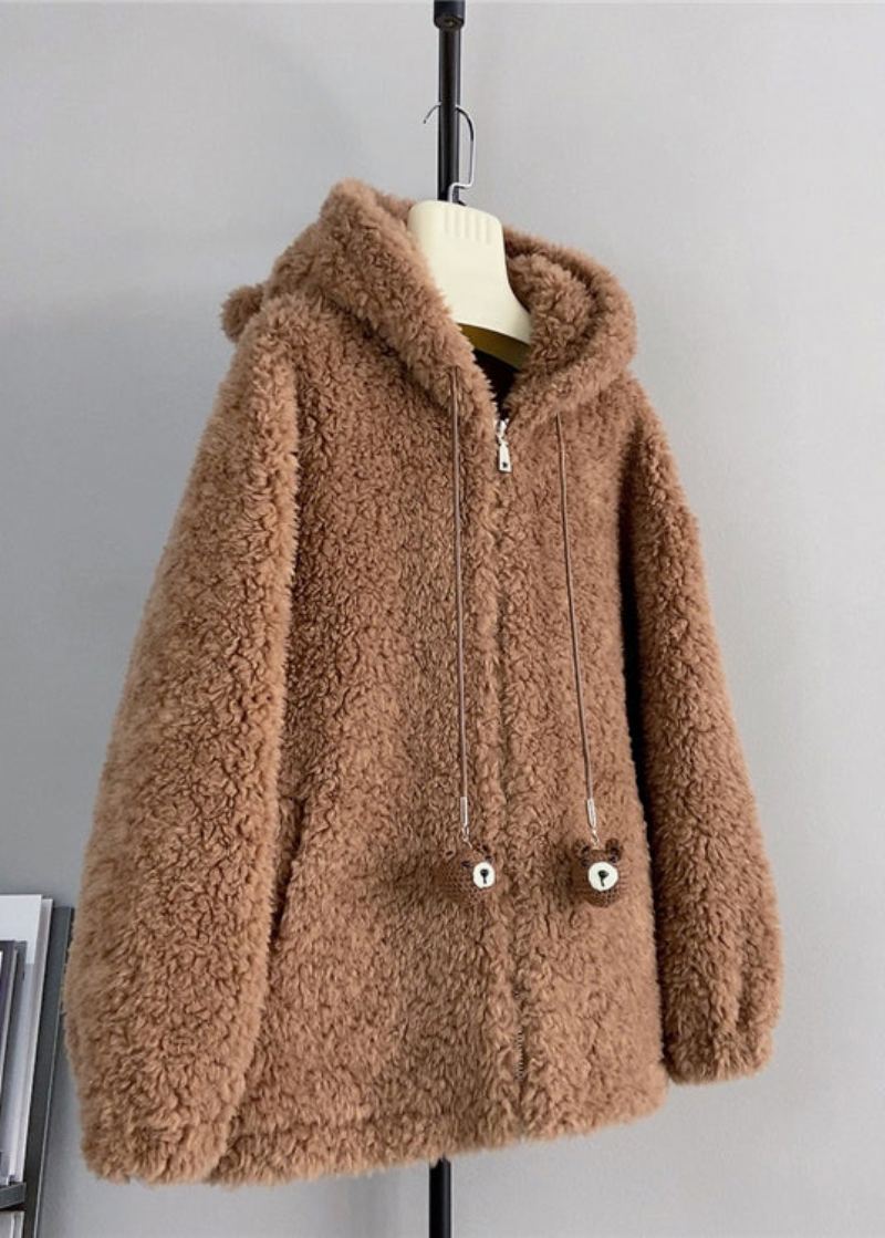 Style Mignon Café Fermeture Éclair Laine Manteau À Capuche Hiver - Manteaux en laine femmes