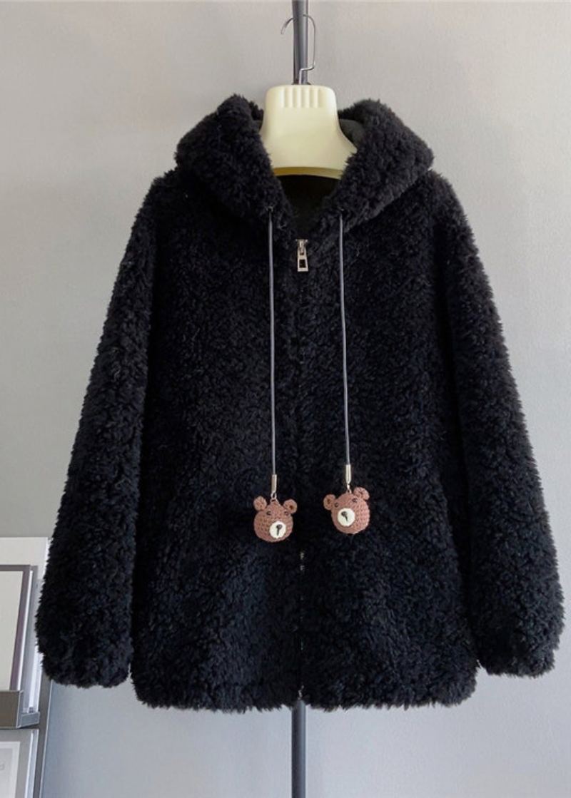 Style Mignon Café Fermeture Éclair Laine Manteau À Capuche Hiver - Manteaux en laine femmes