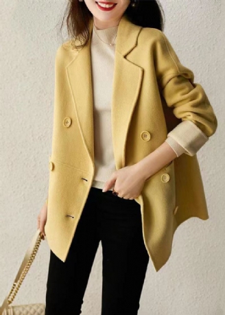 Style Veste En Laine Patchwork Double Boutonnage Jaune Automne