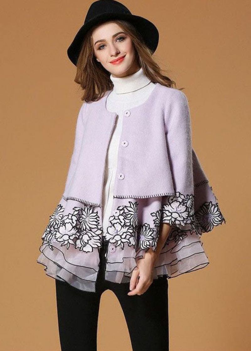 Style Violet Clair Brodé Organza Patchwork Manteau En Laine Demi-manche - Manteaux en laine femmes