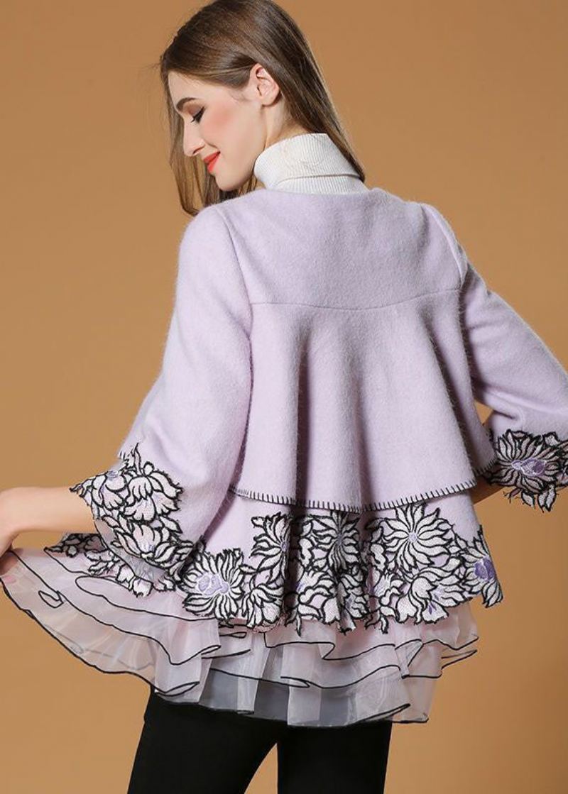 Style Violet Clair Brodé Organza Patchwork Manteau En Laine Demi-manche - Manteaux en laine femmes