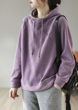 Sweat-shirt À Capuche Violet Français Doublure En Laine Polaire Brodée Pull-over Printemps