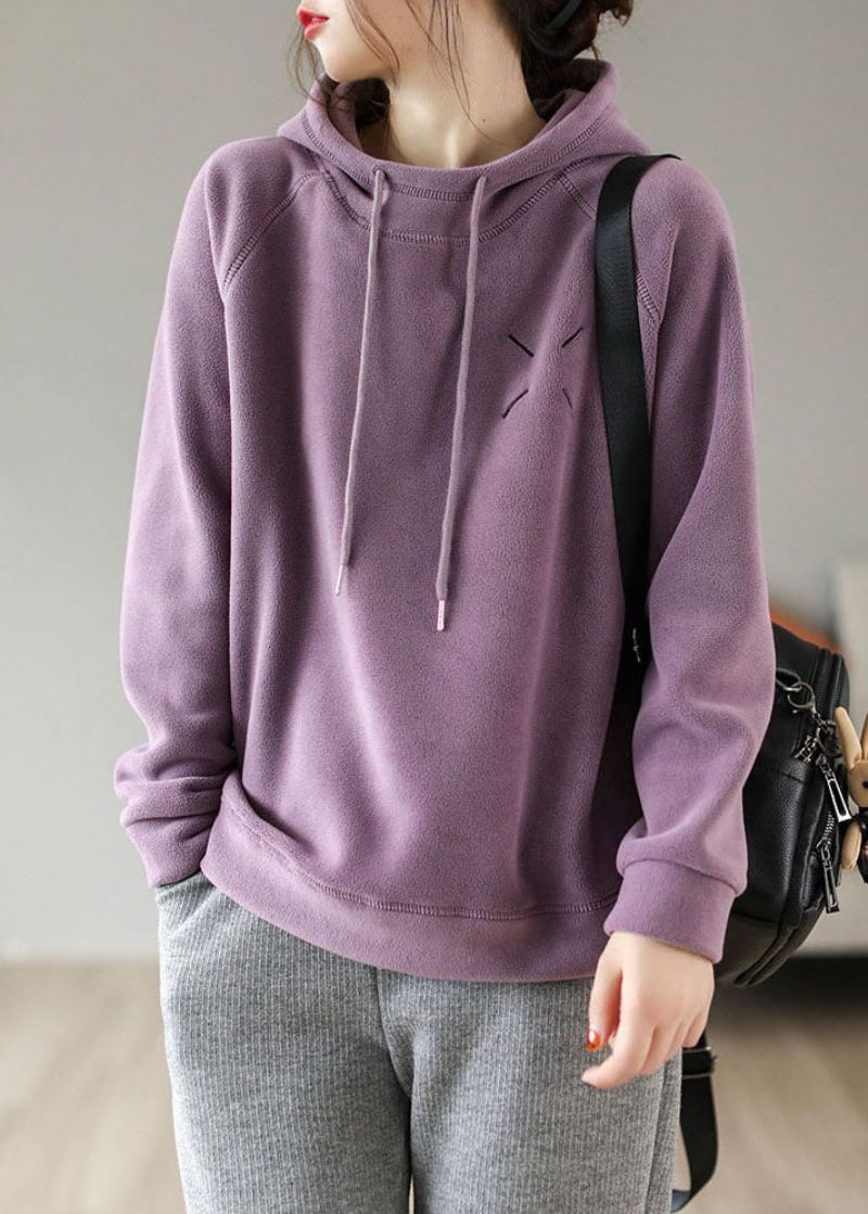 Sweat-shirt À Capuche Violet Français Doublure En Laine Polaire Brodée Pull-over Printemps - Manteaux en laine femmes