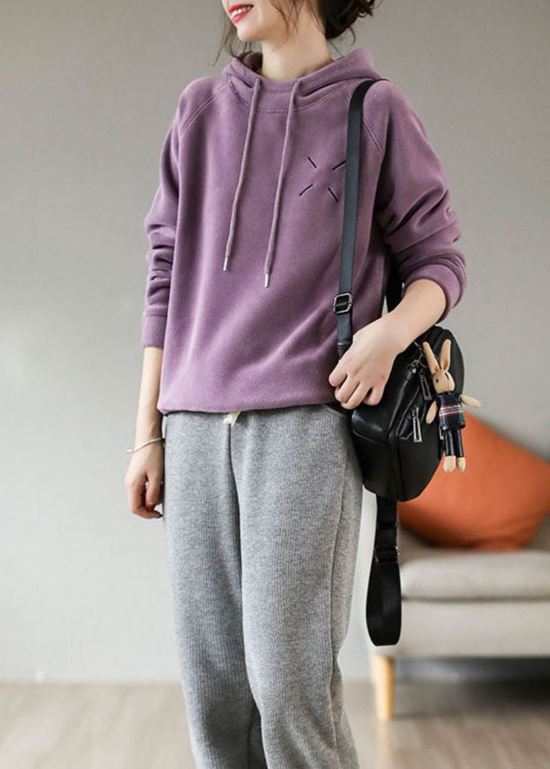 Sweat-shirt À Capuche Violet Français Doublure En Laine Polaire Brodée Pull-over Printemps - Manteaux en laine femmes