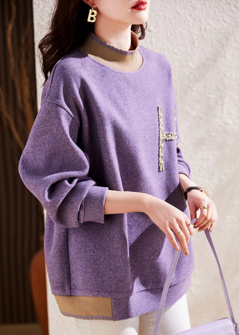 Sweat-shirt En Laine Violet Moderne Col Mi-haut Perles D'ongles Patchwork Automne